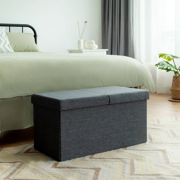 Giantex Folding Storage Ottoman, End of Bed Bench, Fabric Shoe Bench w/Padded Seat, Upholstered Foot Rest Stool, Storage Box, Grey