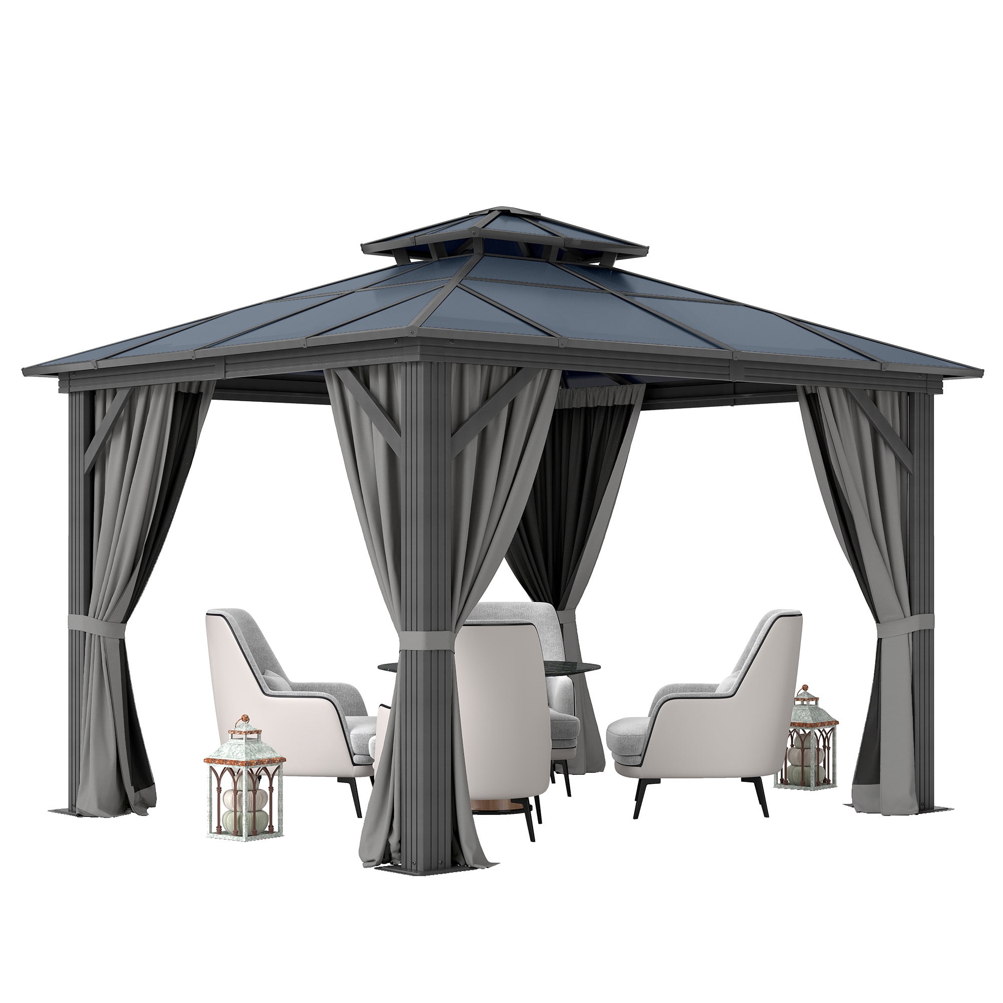 Dextrus 10' x 10' Hardtop Gazebo, Double Roof Polycarbonate Canopy, Outdoor Shelter with Mosquito Netting & Privacy Curtains, Heavy-Duty Metal Frame for Patio, Backyard, Deck and Lawn, Gray