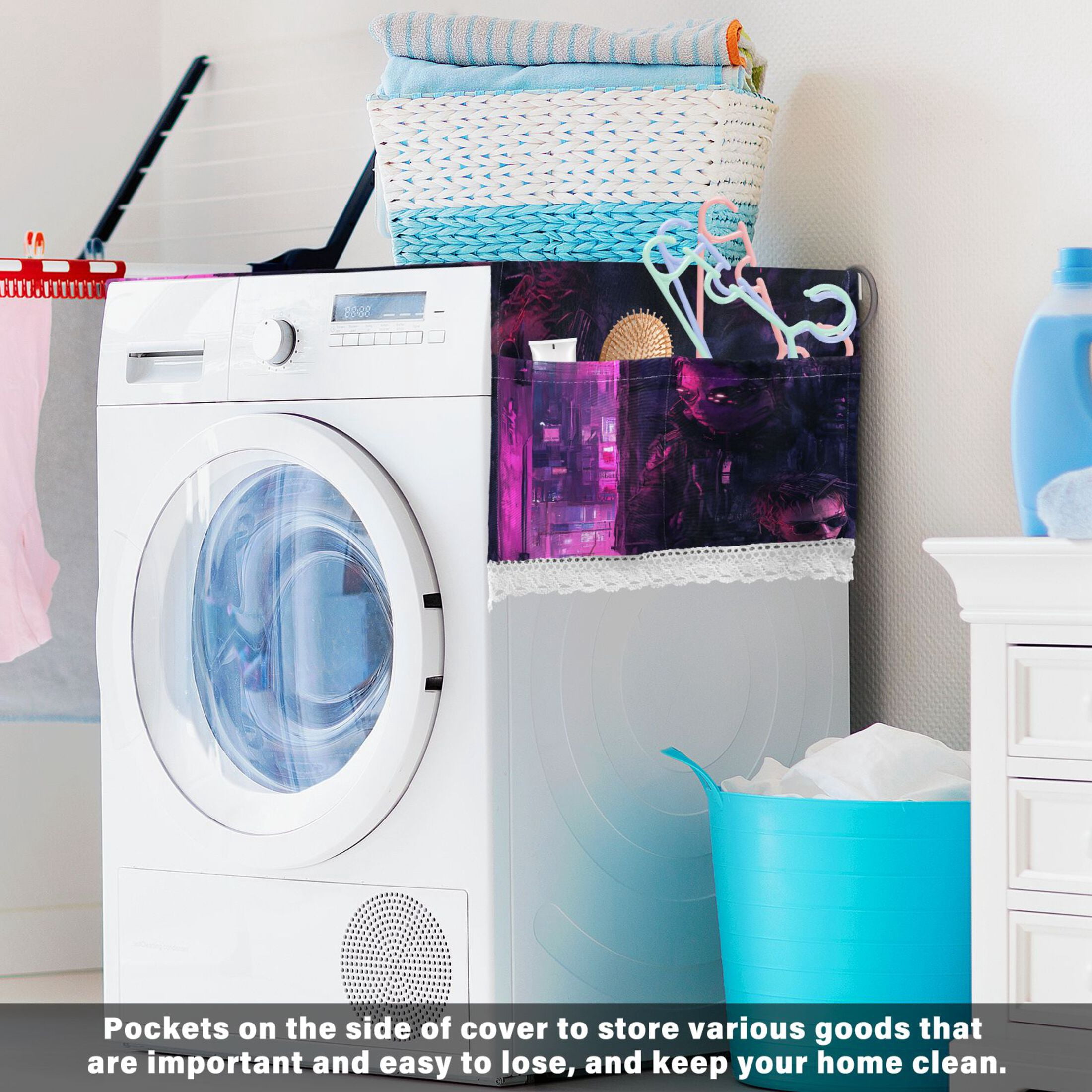 Cyberpunk's BoyWasher and Dryer Covers Dust-Proof and Oil Resistant Fridge Cover with 4 Storage Pockets Washing Machine Top Cover for Laundry Kitchen Home 51.2 x 22 In