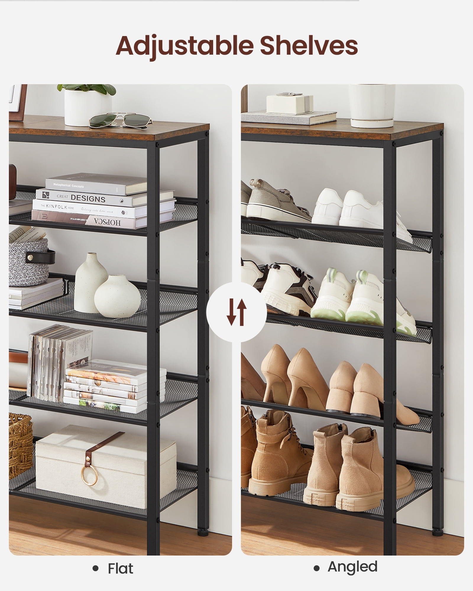 5 Tier Shoe Rack Organizer for Closet Entryway with Storage Shelves and Spacious Top Free Standing Steel Industrial Rustic Brown and Black