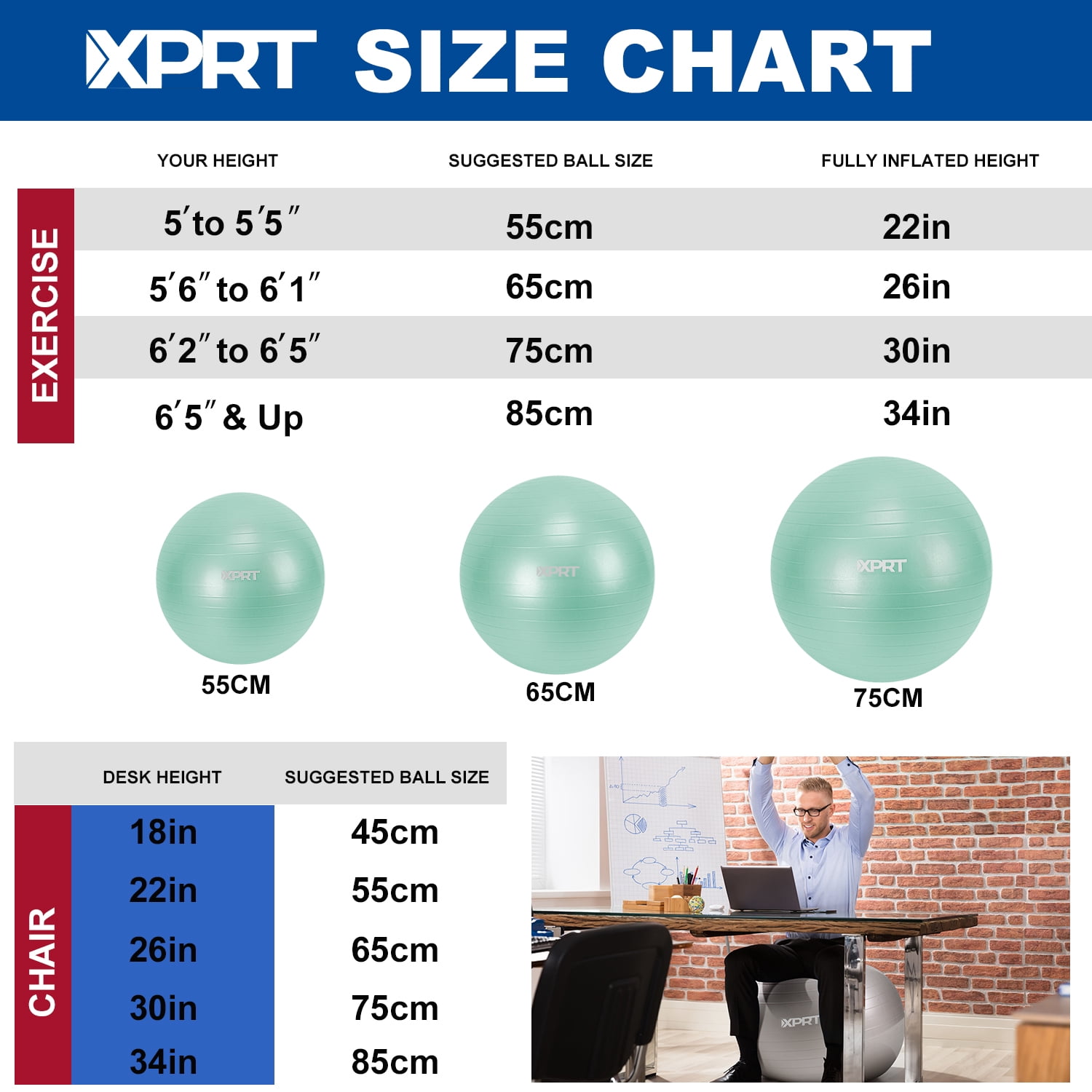 XPRT Fitness Exercise and Workout Ball, Yoga Ball Chair, Great for Fitness, Balance and Stability Extra -Thick with Quick Pump