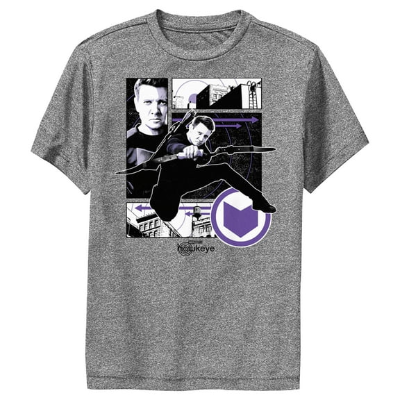 Boy's Marvel Hawkeye Graphic Panel Icon  Performance Graphic Tee Charcoal Heather Small