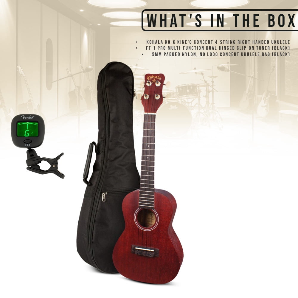 Kohala KO-C Kine’O Concert 4-String Right-Handed Ukulele with All Linden Wood Body and 19 Frets Bundle with Dual-Hinged Clip-On Tuner (Black) and Concert Ukulele Bag (Black) (3 Items)