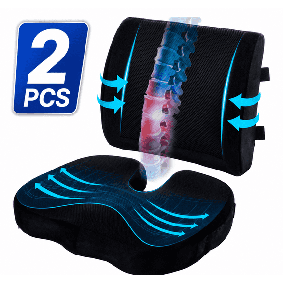 Guttylief Coccyx Seat Cushion & Lumbar Support Pillow for Office Chair, Wheel Chair and Car, Memory Foam Back & Tailbone Support, Black