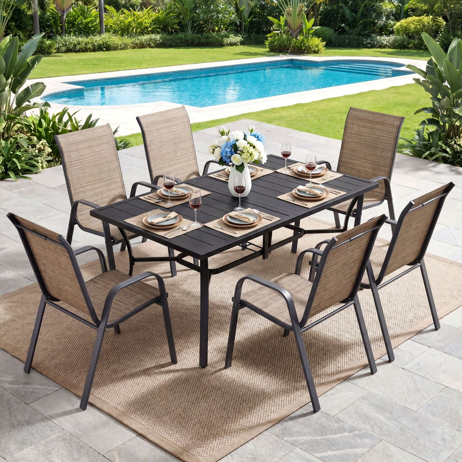 TLSUNNY Outdoor Dining Table and 6 Chairs Set, W/ Adjustable Umbrella Hole, Stackable Chairs, for All Weather Garden, Party, Backyard