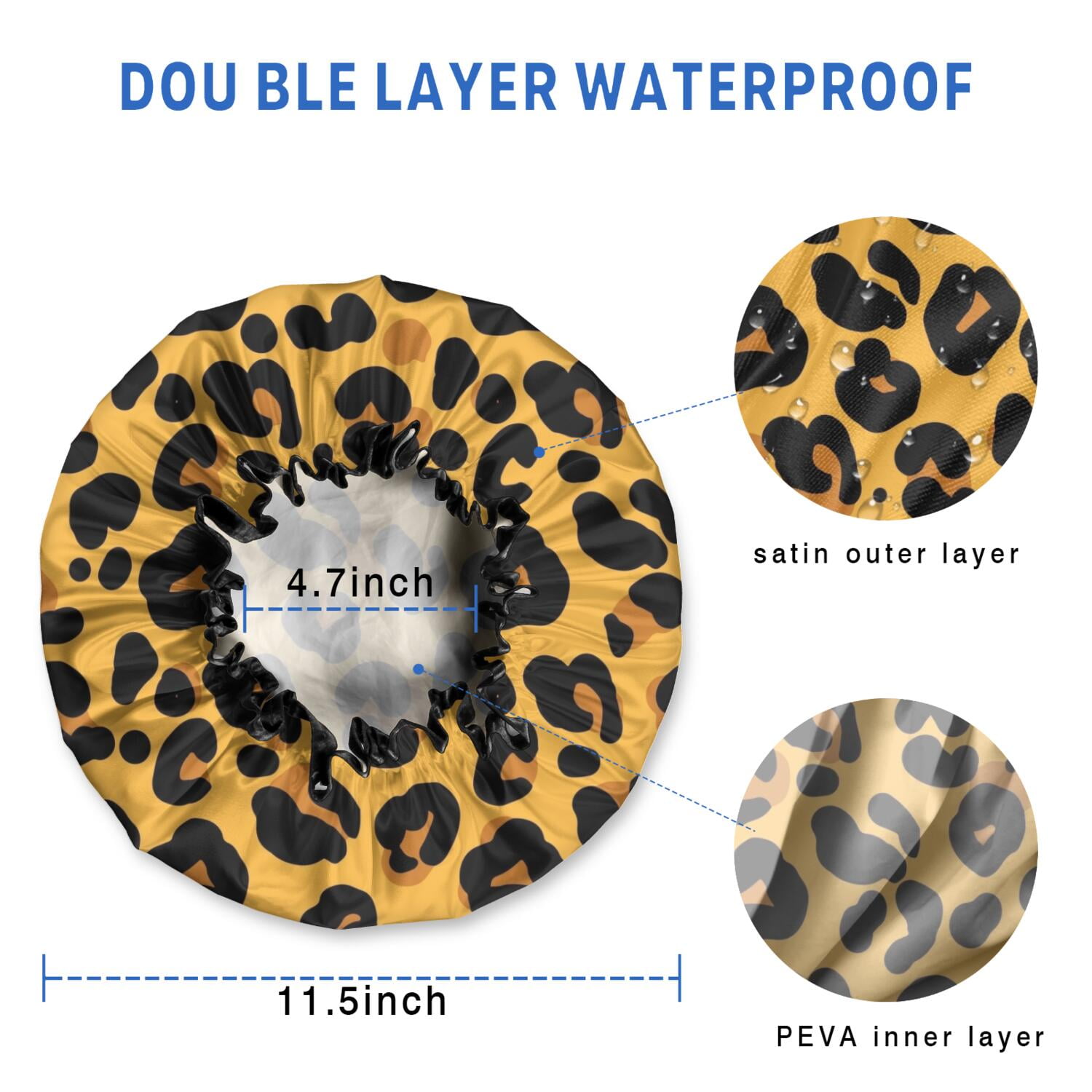 Shower Caps,Yellow and Black Of Leopard Print Waterproof Shower Cap for Women 4 Pieces,Double Reusable Hair Cover for Shower PEVA Elastic Stretch Hem