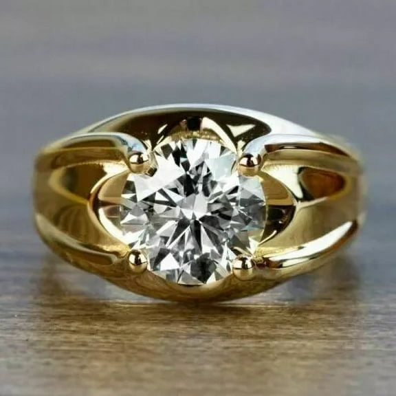 Aishvi Jewels 3 Ct Round-Cut Real Moissanite Solitaire Men's Engagement Ring 14k Yellow Gold Plated 925 Sterling Silver