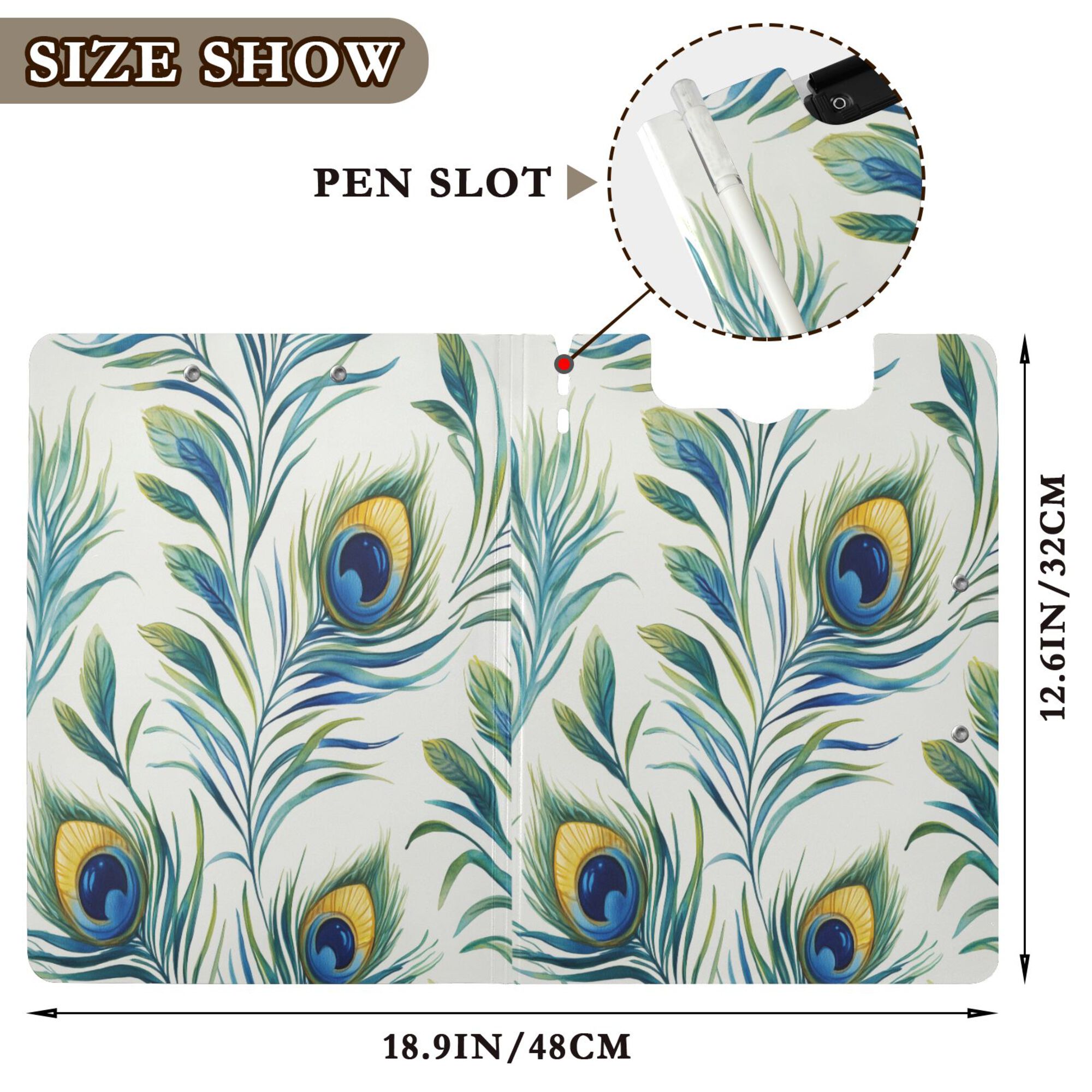 FORMRS A4 Clipboard Folder with Pen Holder Horizontal Foldable School Office Binder, Peacock Feather