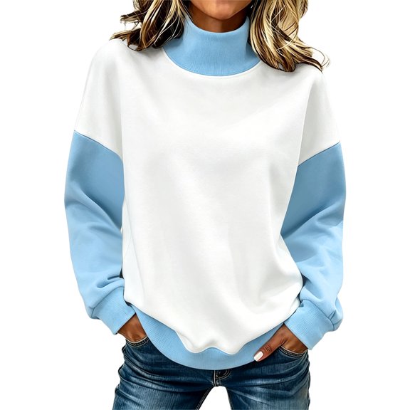 TQWQT Women Mock Neck Sweatshirt Loose Drop Shoulder Color Block Raglan Long Sleeve Tops Soft Contrast Sleeve Casual Pullover Shirts Light Blue XXL
