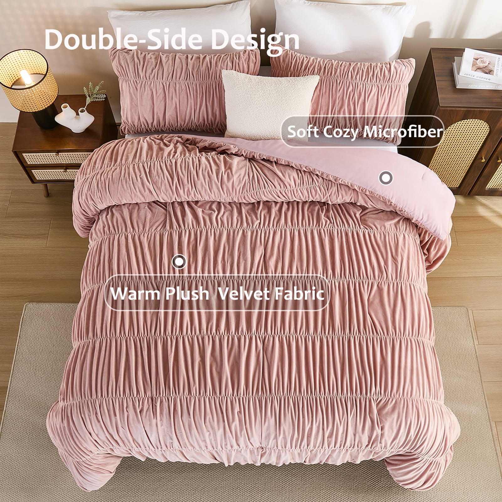 Luxury Velvet Comforter Set Queen Size,Boho Shabby Chic Ruched Bedding Comforter,Aesthetic Vintage Bedding Fluffy Ruffle Comforter Set,Ultra Soft Velvet Chenille Quilt Set,Vintage Ruffled Velvet Plus