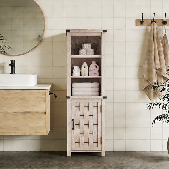 Narrow Farmhouse Storage Cabinet with Door and Adjustable Shelves for Corner Light Gray