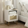 thumbnail image 7 of Rattan Nightstand, Modern Boho Farmhouse Wood Bedside Table with Storage Drawer and Open Shelf, Small Gold Frame Side End Table for Bedroom, Living Room, Office(White), 7 of 7