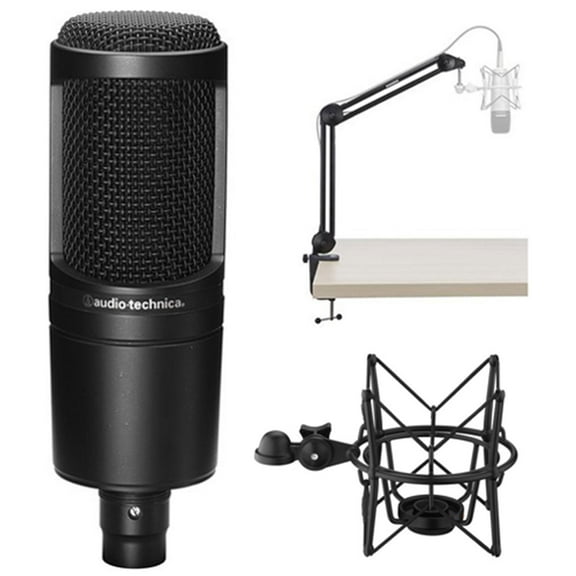 Audio-Technica AT2020 Cardioid Condenser Microphone with MBA38 Microphone Boom Arm and SHM-SCM1 Suspension Shockmount
