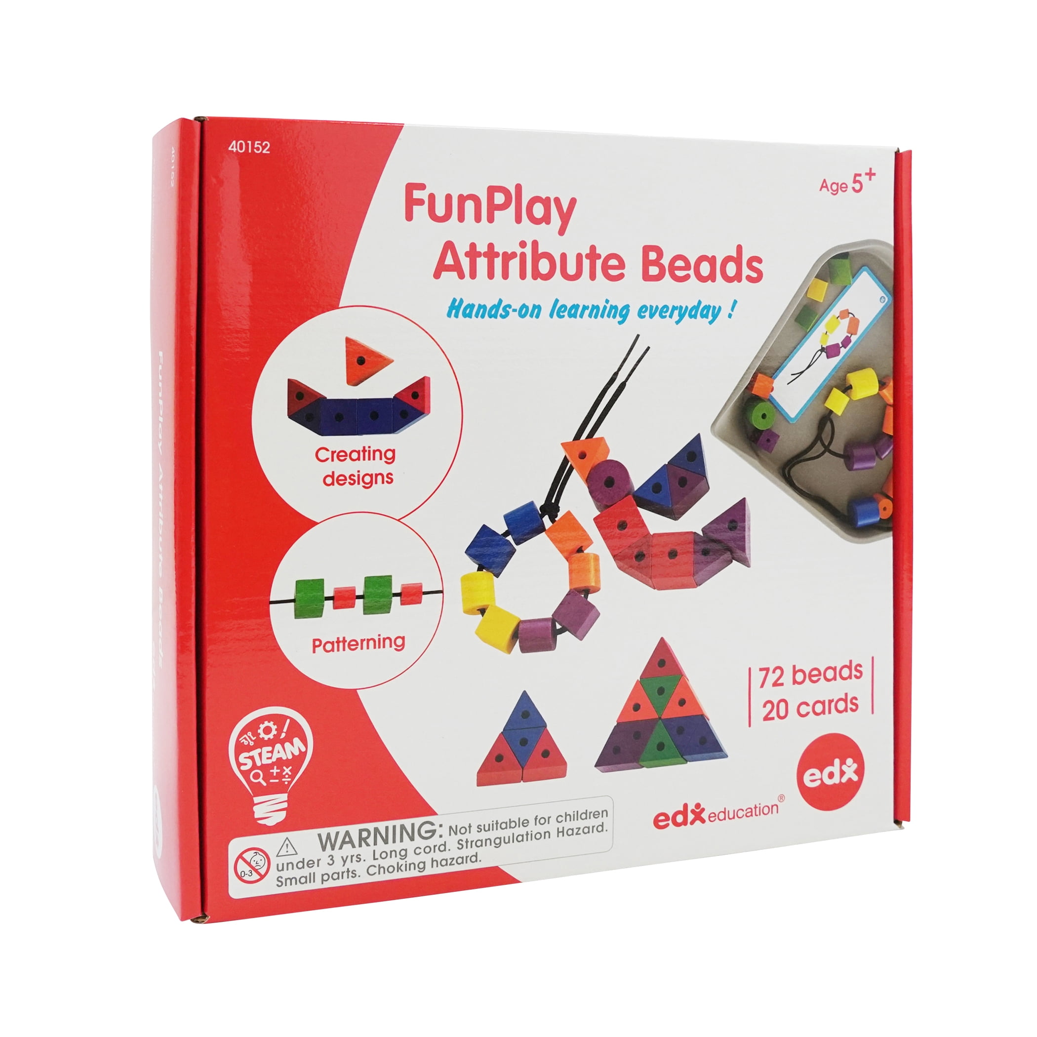 edxeducation FunPlay Attribute Beads - 72 Wooden Lacing Beads + 2 Laces + 40 Activities + Messy Tray