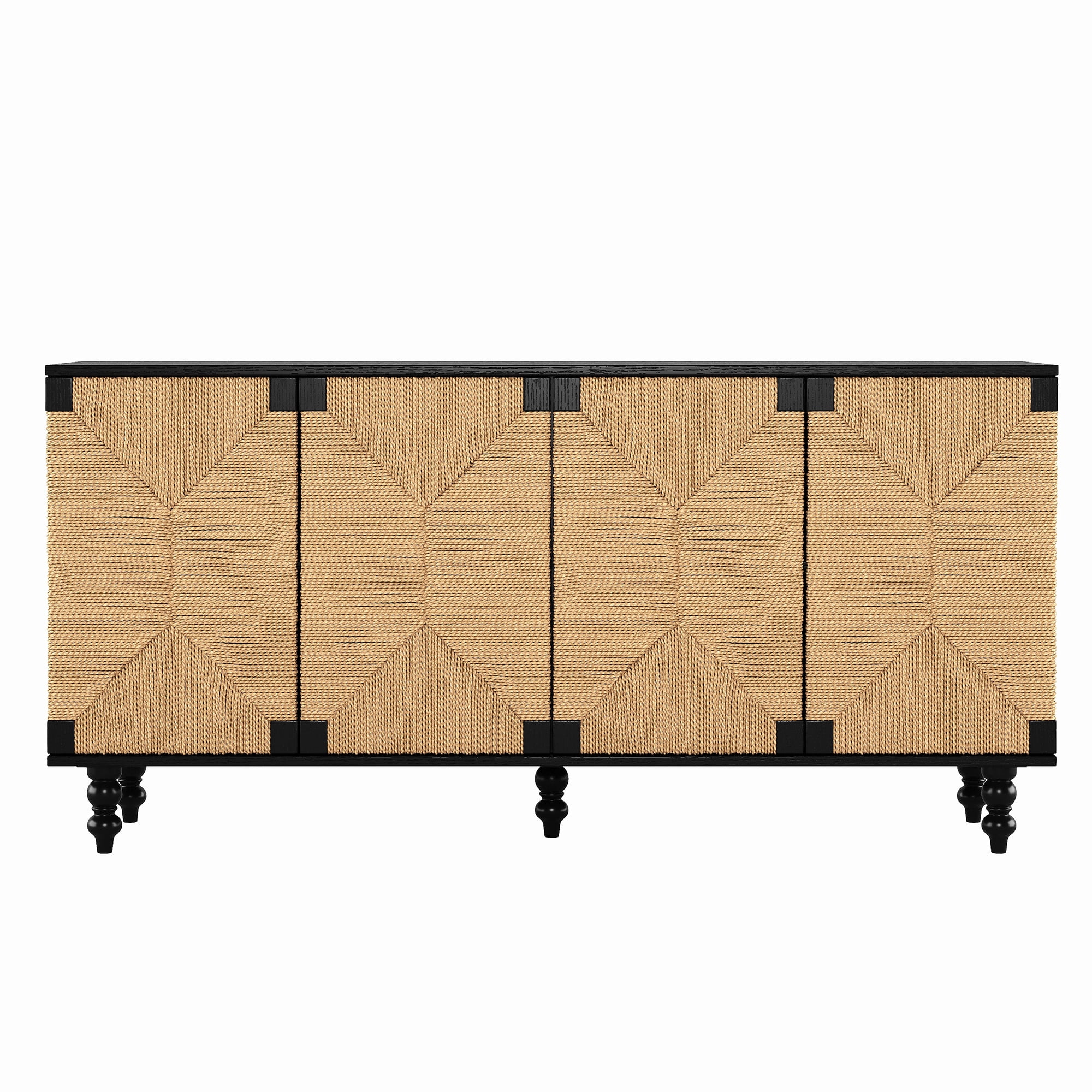 Homy Casa 59 in Boho Sideboard Buffet Cabinet with 4 Handwoven Seagrass Doors Black Natural