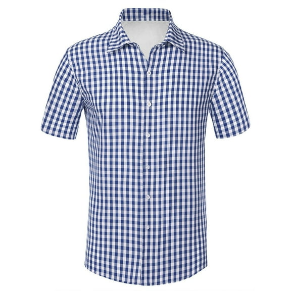 Mens Golf Shirts Short Sleeve Linen Blend Plaid Print Button Down Mens Graphic T-Shirts,Blue,L