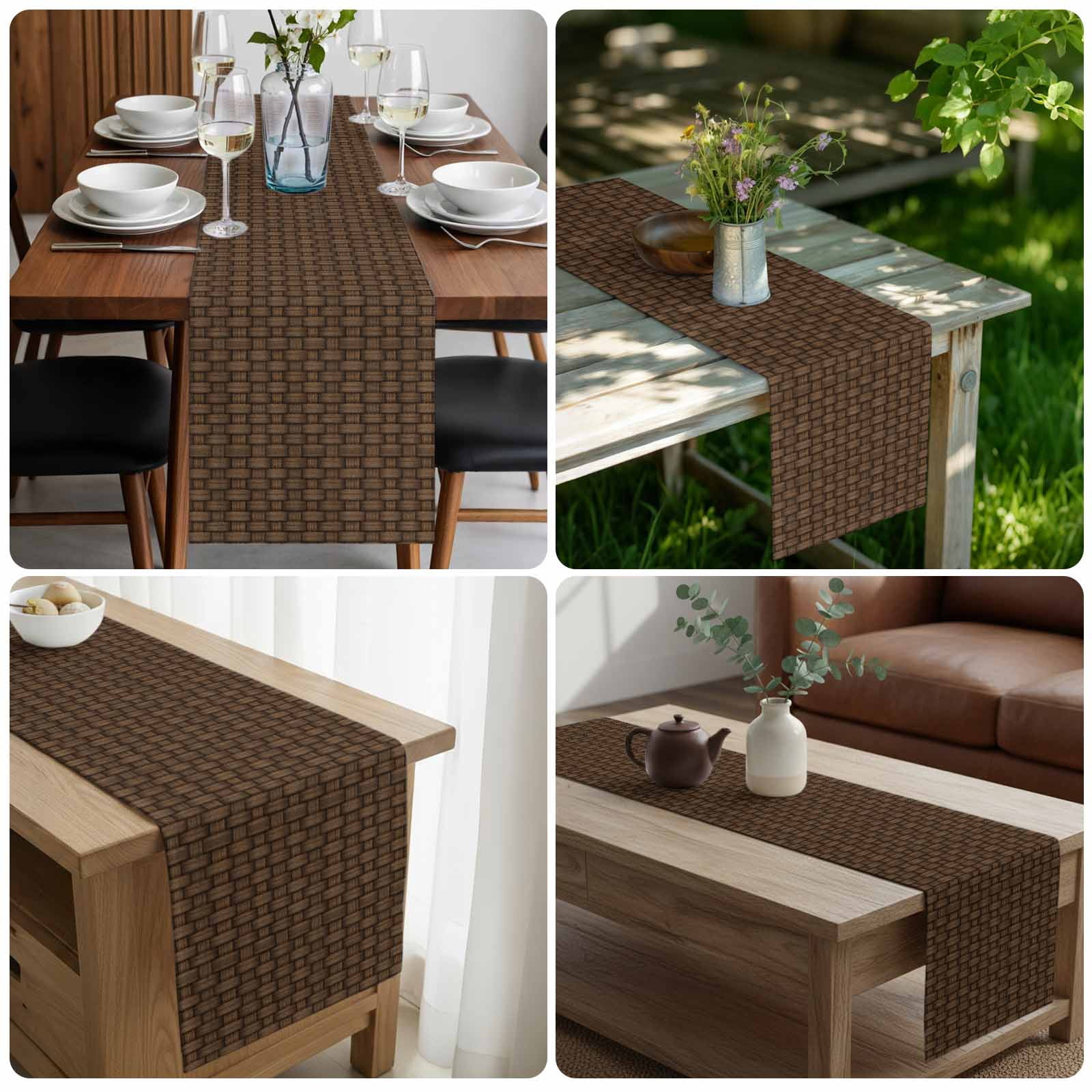 Dark Brown Rattan Table Runner - 120 Inch Long Vintage Abstract Wicker Texture Cotton and Linen Blended Dress Scarves Farmhouse Table Runner for Kitchen Dining, Coffee Table, 13" x 120"