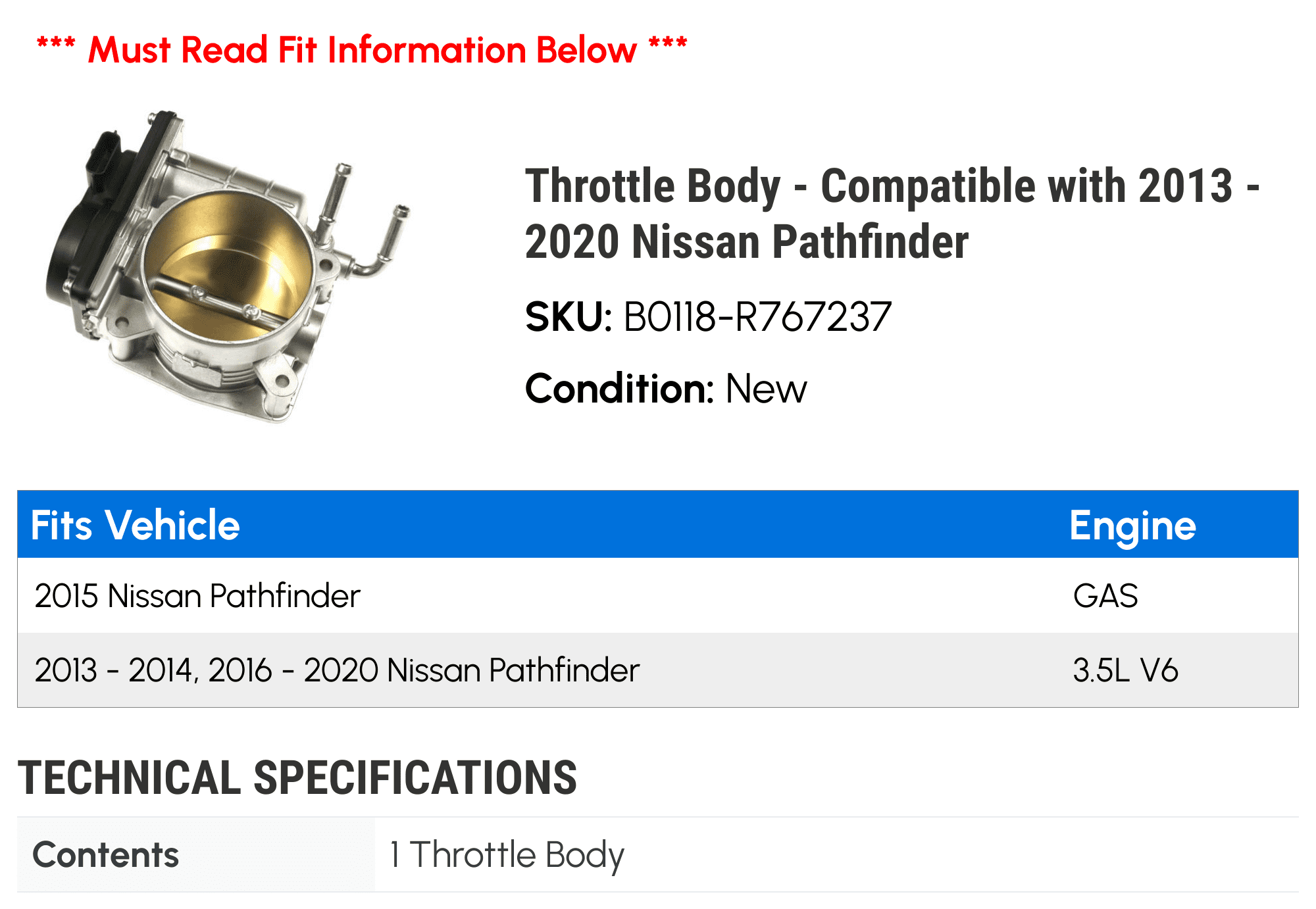 Throttle Body - Compatible with 2013 - 2020 Nissan Pathfinder 2014 2015 2016 2017 2018 2019