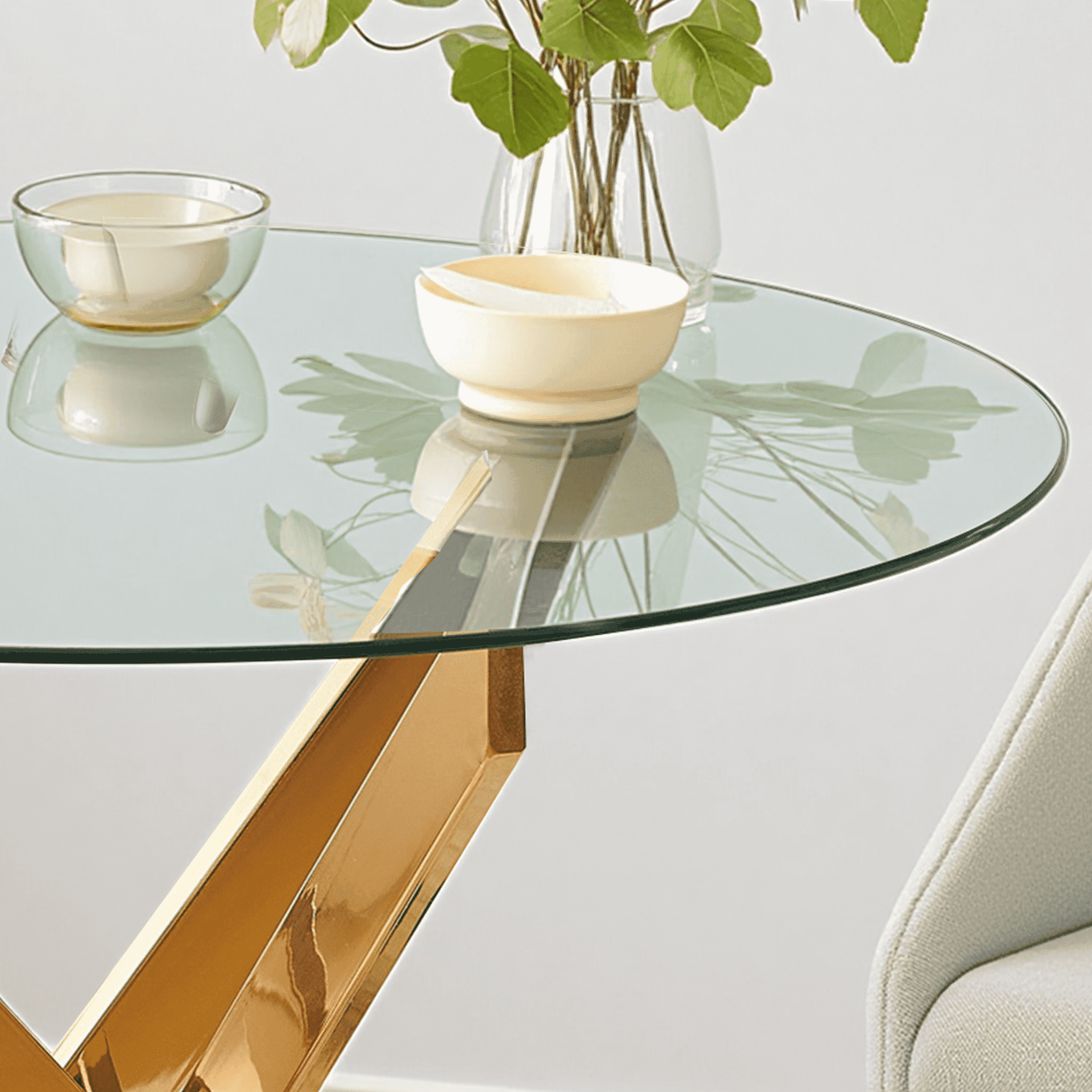 MAYEERTY Modern Golden Dining Table Cross Legs Glass Top Luxurious Living Room