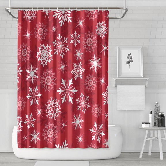 Merry Xmas Bathroom Curtain Set: Waterproof Polyester Shower Curtain (72x72) with 12 Hooks Snowflakes & Pine Trees Bathroom Curtain for Bathroom Decor