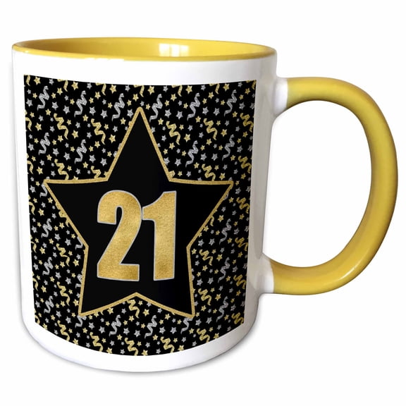 3drose, Big Star with 21 for Twenty First Birthday or Anniversary, 15oz Two-tone Yellow Mug