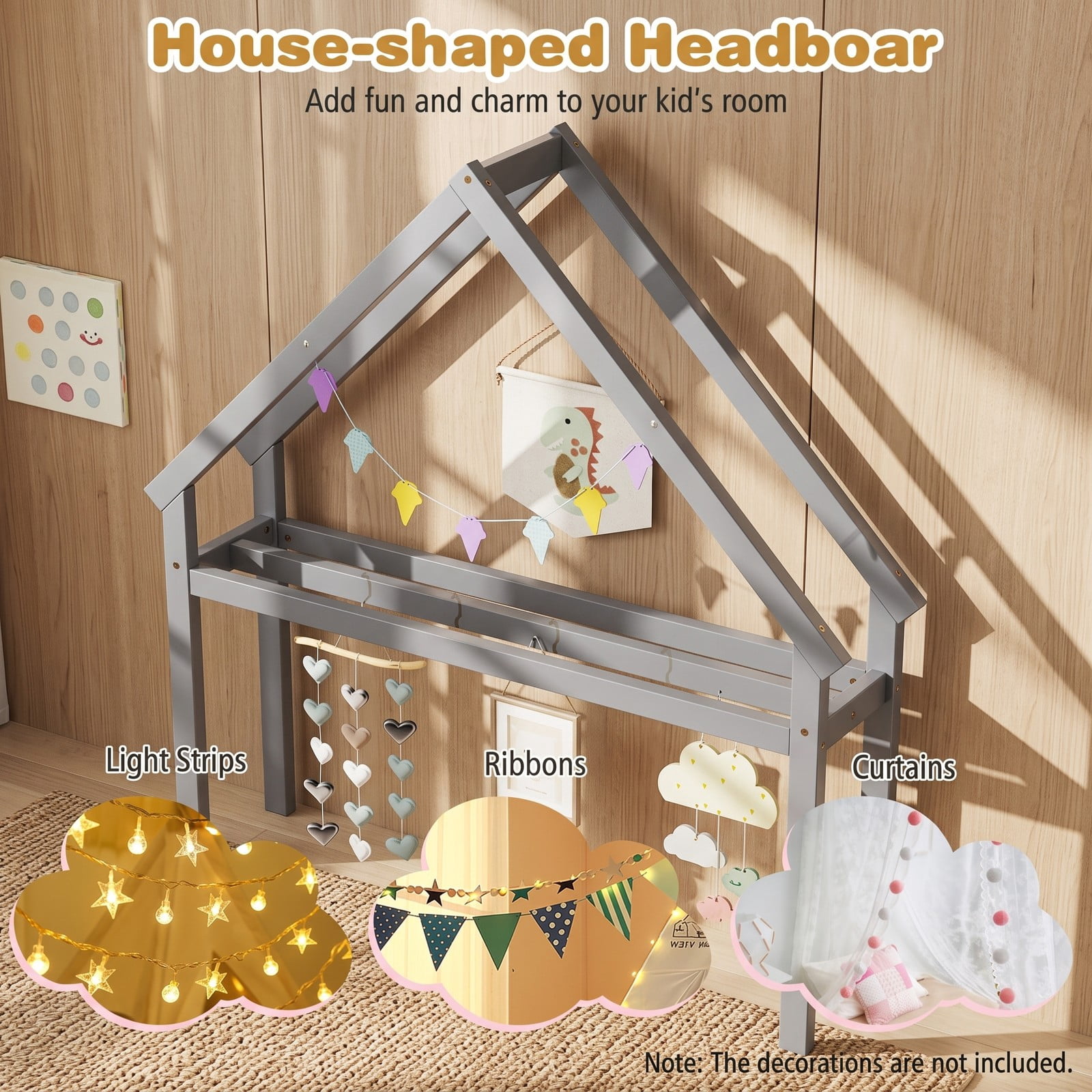 Furnibear Full Size House Floor Bed, Montessori Floor Bed with House-Shaped Frame and Full-Length Fence Guardrails for Kids Room, Gray