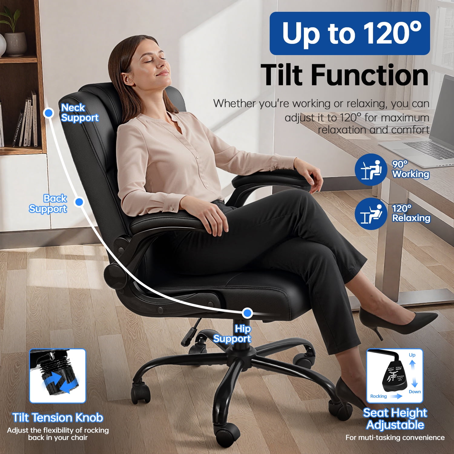 Waleaf Leather Office Chair,Wide Seat Small Computer Desk Chair Ergonomic Mid-Back Executive Chair with Back Support for Short People,Black