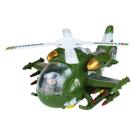 Battery Operated Bump and Go Light Up Toy Camo Army Helicopter w/ Flashing Lights, Sounds