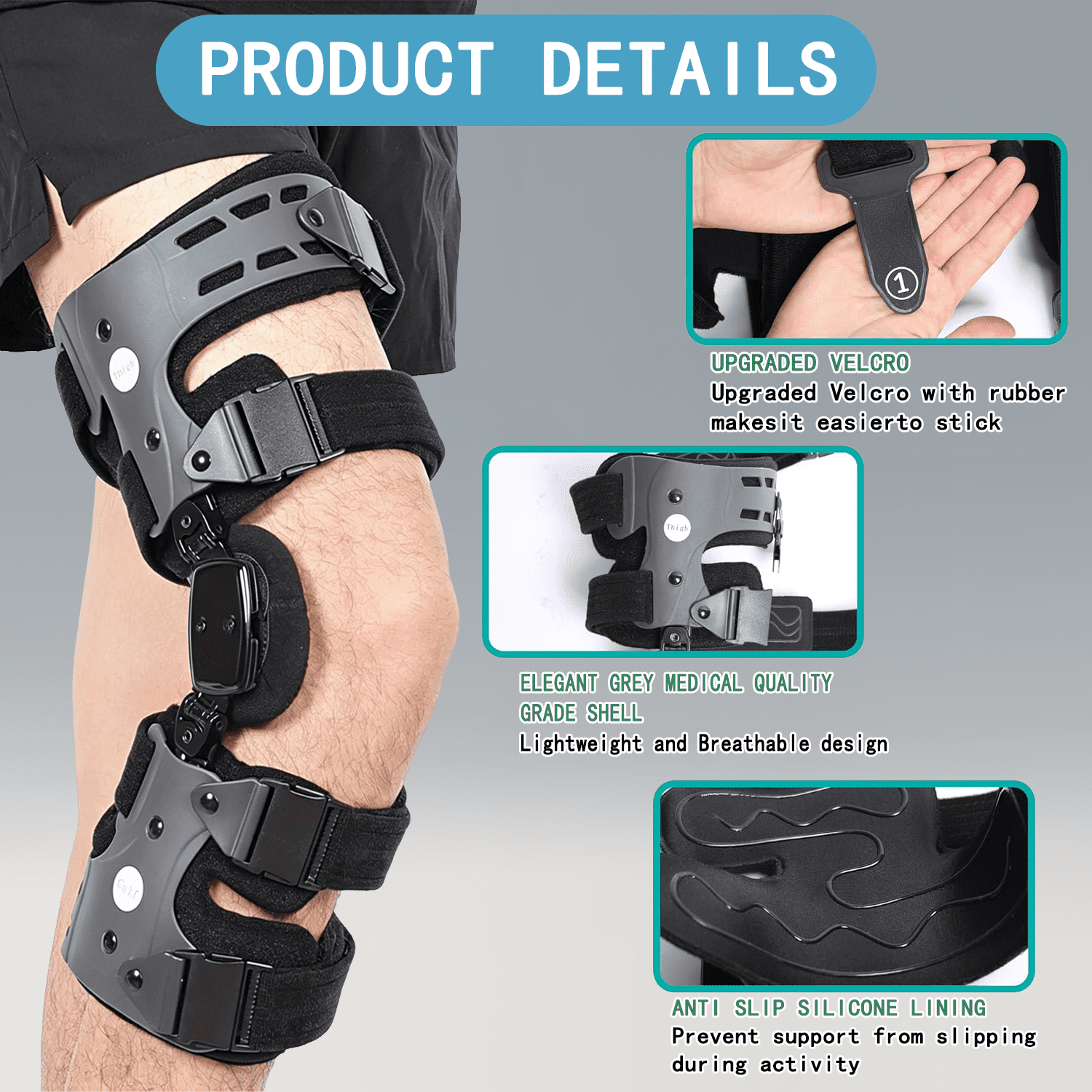 Komzer Elite Dual Adjustment Osteoarthritis Knee Brace for Women & Men, OA Unloader Knee Brace for Osteoarthritis, Arthritis Pain, Lateral Degeneration Knee Support (Gray, Right)