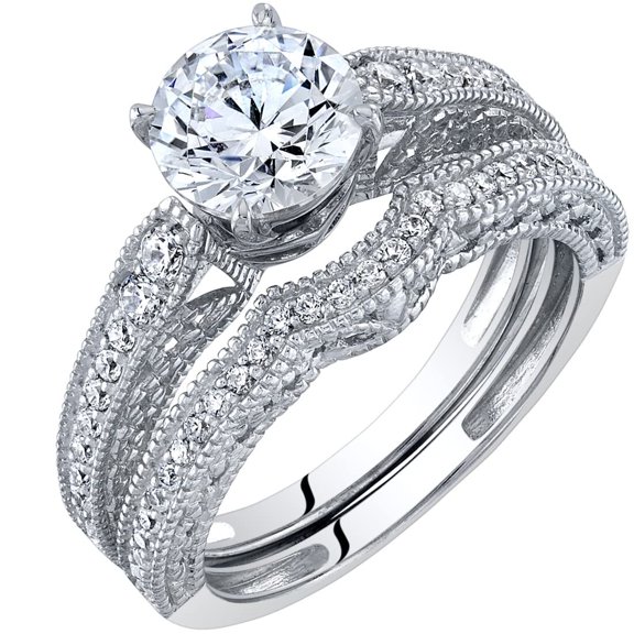PEORA 1.50 Carats Moissanite Filigree Engagement Ring and Wedding Band Bridal Set for Women 925 Sterling Silver, Round Brilliant Shape, D-E Color, VVS Clarity, Size 8.5