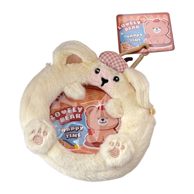 Llavero de felpa, monedero, cartera pequeña para mujer, muñeco de peluche, regalo, dibujos animados, novedad, funda protectora para auriculares, funda beige