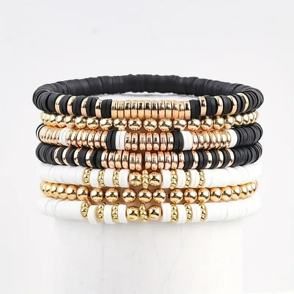 7-Piece Bohemian Stackable Bracelets for Women - Black & White Resin Stretch Layering Bracelets with Metal Beads, Fashionable Boho Jewelry Set