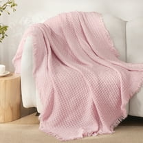 Exclusivo Mezcla Knitted Throw Blanket with Fringes for Couch, Soft and Warm Textured Throw for All Season, Lightweight Breathable Room Decor, Pink, 50”x60”