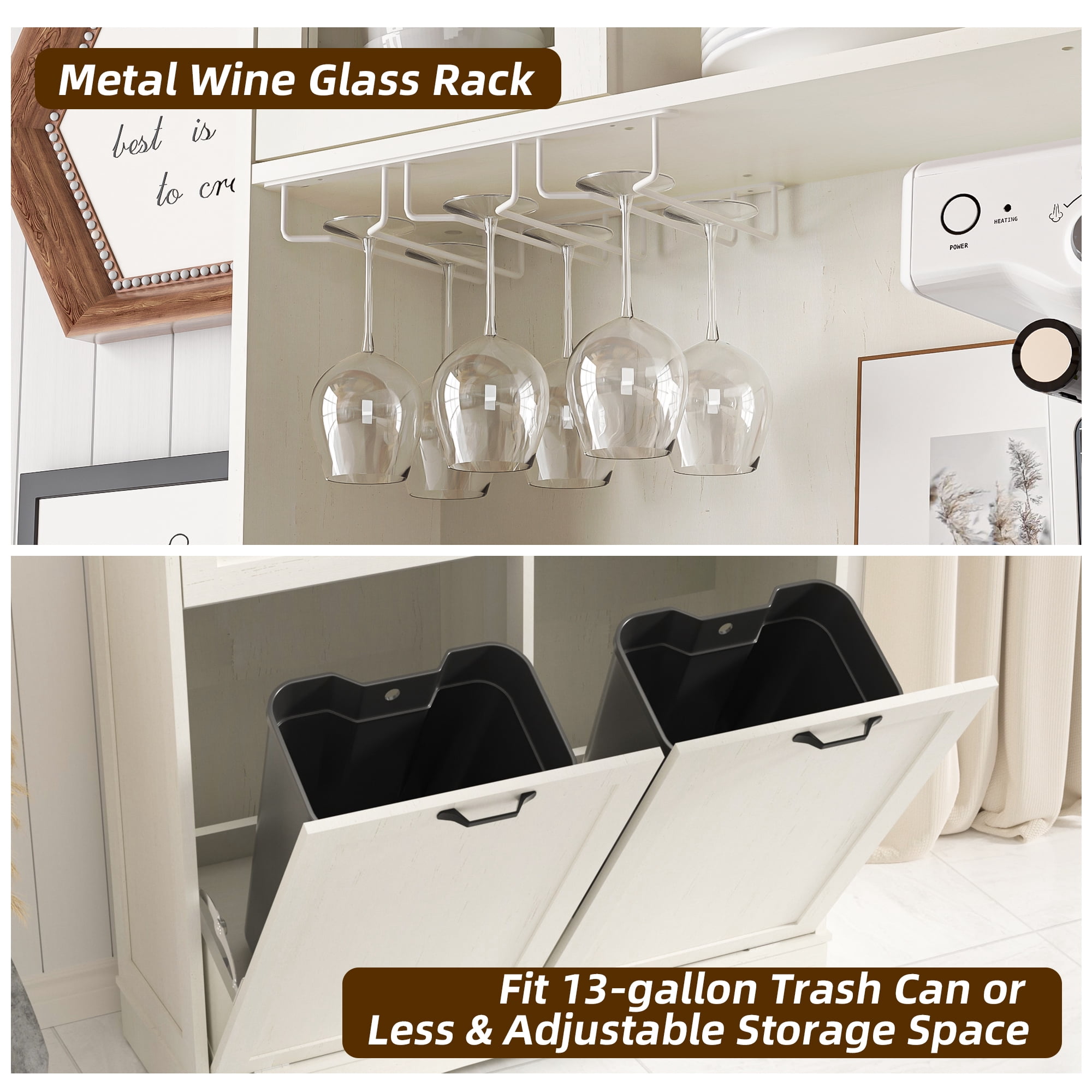 HARIPUL 2-in-1 Kitchen Trash Cabinet & Panty Cabinet, 26 Gallon Garbage Can, Freestanding Double Tilt Out Storage Cabinet w/ Shelves for Kitchen & Living Room, Antique White