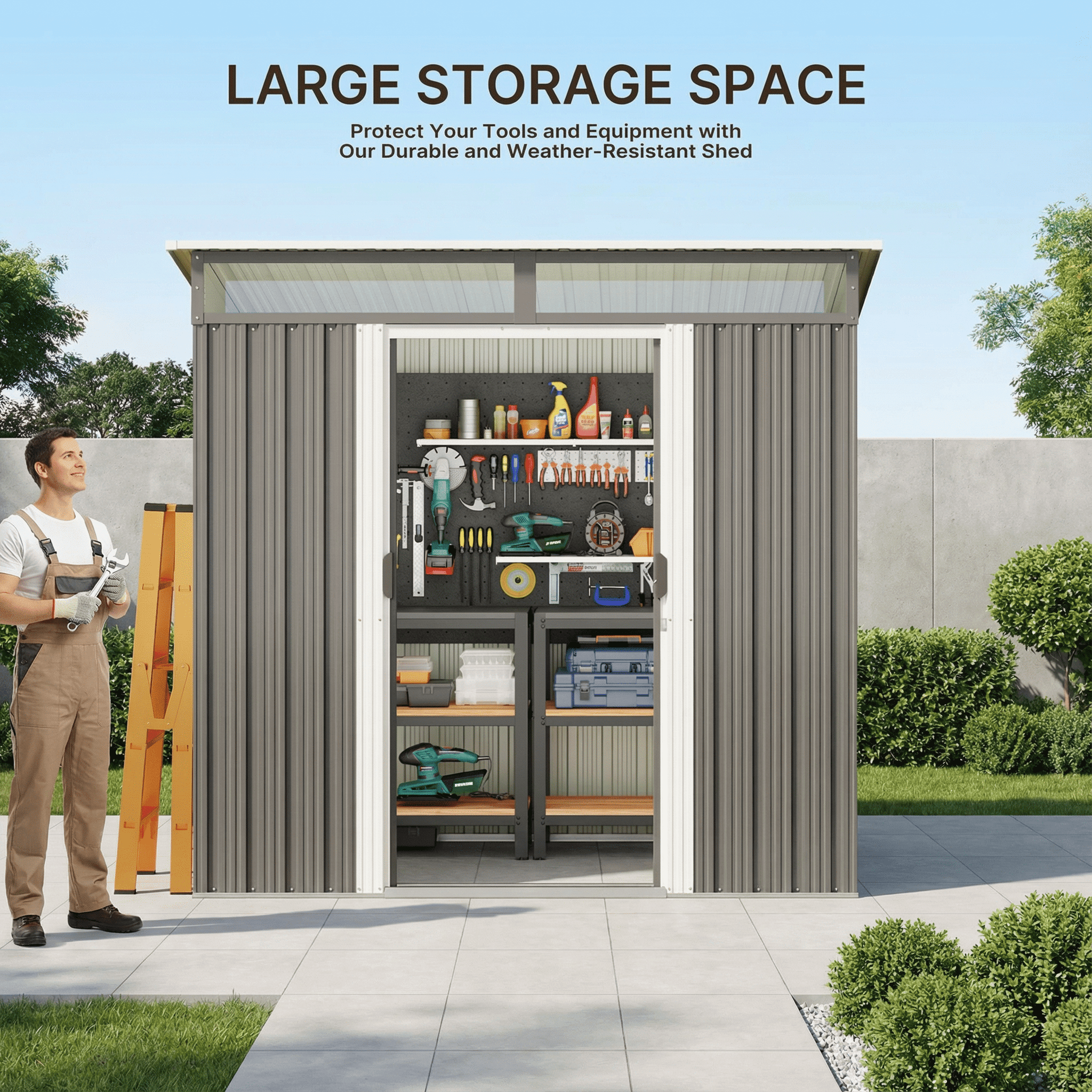 6'x4' Metal Outdoor Storage Shed, Lockable Sliding Doors & Transparent Windows, Multi-functional Tool/Bike Shed for Backyard & Patio, Light Brown
