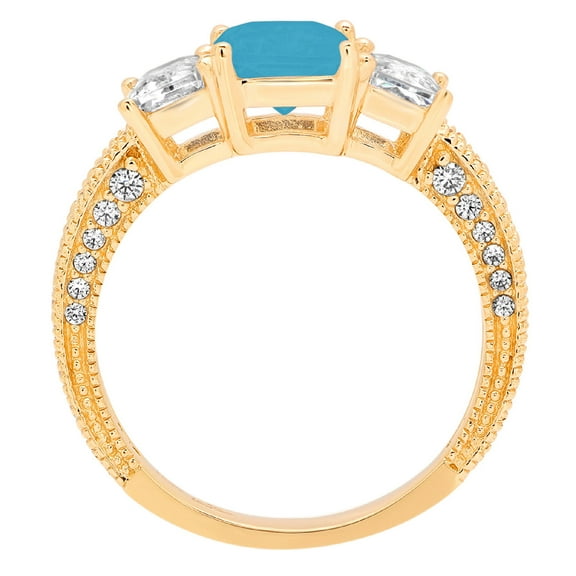3.61 ct Emerald Cut Simulated Turquoise Three-Stone Engagement Ring for Women in 14K Yellow Gold
