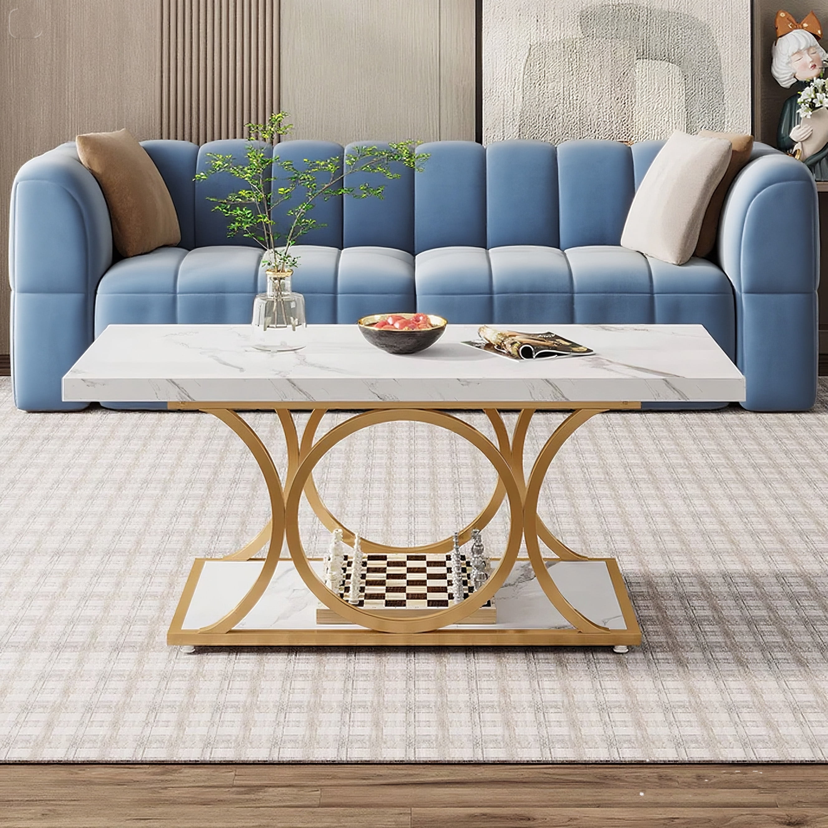 Rectangle Coffee Table 47.24", Modern 2-Tier Center Table with Faux Marble Top & Gold Metal Legs, Sturdy Living Room Coffee Table