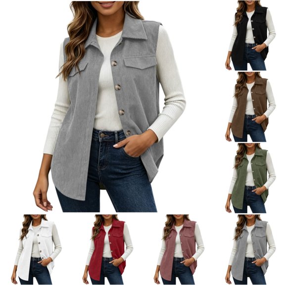 Womens Corduroy Vest Fashion Casual Sleeveless Lapel Vest Fall Winter Warm Comfy Button Up Jacket for Women Gray 2XL