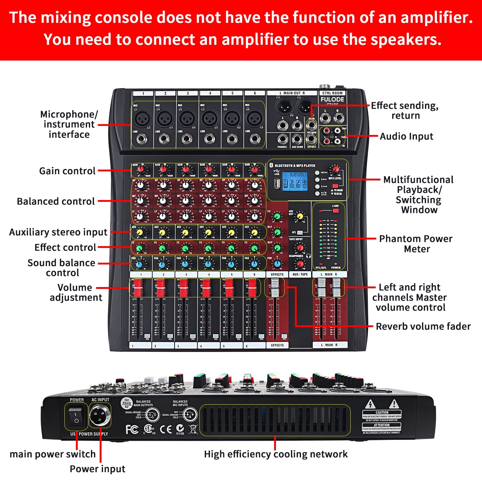 FULODE CT60 6-channel Professional mixer audio Bluetooth U disk 48V Phantom Power Source USB recording,dj mixer,Suitable for beginners as well