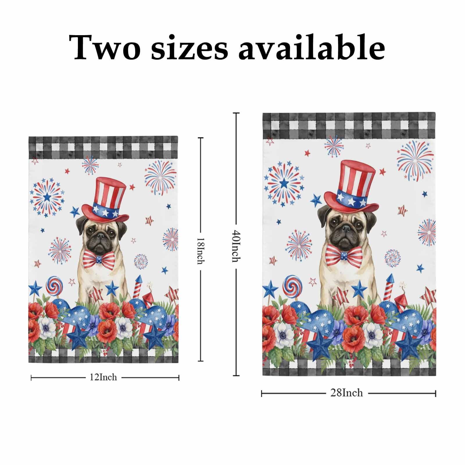 Independence Day House Flags For Outdoor, Cartoon Pug Dog Cute Puppy Red Blue Flower Small Double Side Yard Flags Weather Proof House Decor for Lawn Outside Holiday 28 x 40 Inches