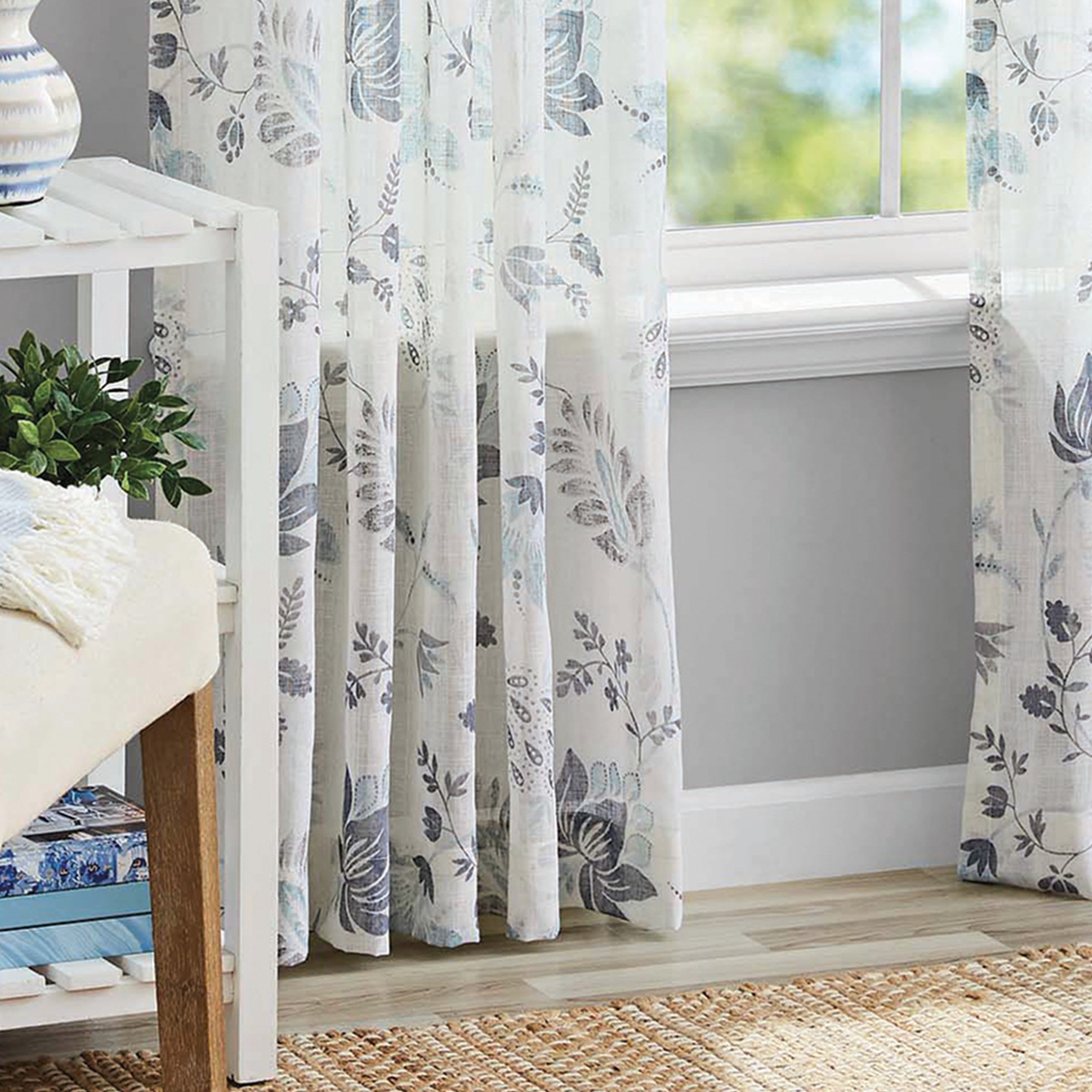 Mainstays Blue Floral 100% Cotton Indoor Sheer Rod Pocket Single Curtain  Panel , Light Blue, 50 x 63 