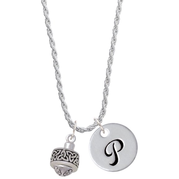 Delight Jewelry Silvertone Celtic Knot Trinity Band Spinner Silvertone Script Initial Disc - P - Charm Necklace, 20"+3"