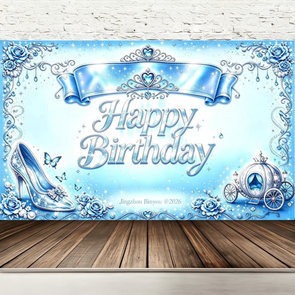 Glass Slipper Princess Happy Birthday Backdrop 71" x 43", Blue Pumpkin Carriage Royal Fairy Tale Party Decorations Banner with Grommets & String for Kids Girls