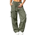 thumbnail image 2 of Bloomae Fashion Womens Parachute Pants Lightweight Casual Fall Drawstring Elastic High Waist Baggy Cargo Pants Loose Wide Straight Leg Outdoor Hiking Track Trousers with Multi-Pockets, 2 of 8