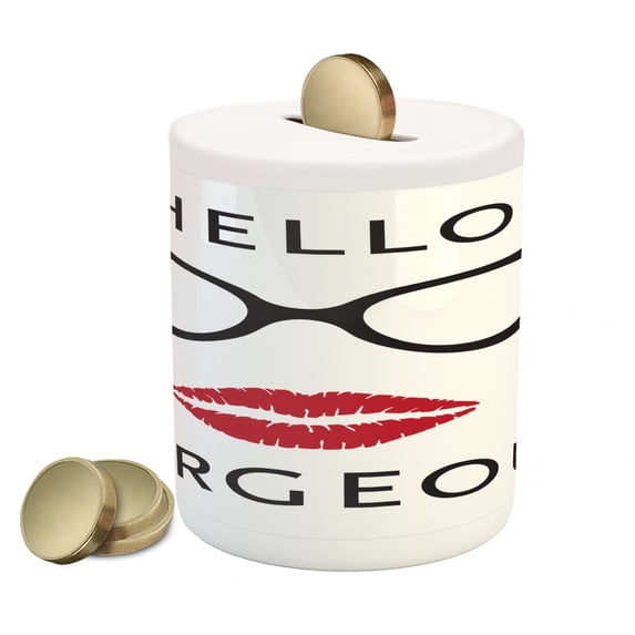 Hello Gorgeous Piggy Bank, Retro Eyeglasses and Red Lipstick Themed Phrase for Women and Girl, Ceramic Coin Bank Money Box for Cash Saving, 3.6" X 3.2", Black White and Ruby, by Ambesonne