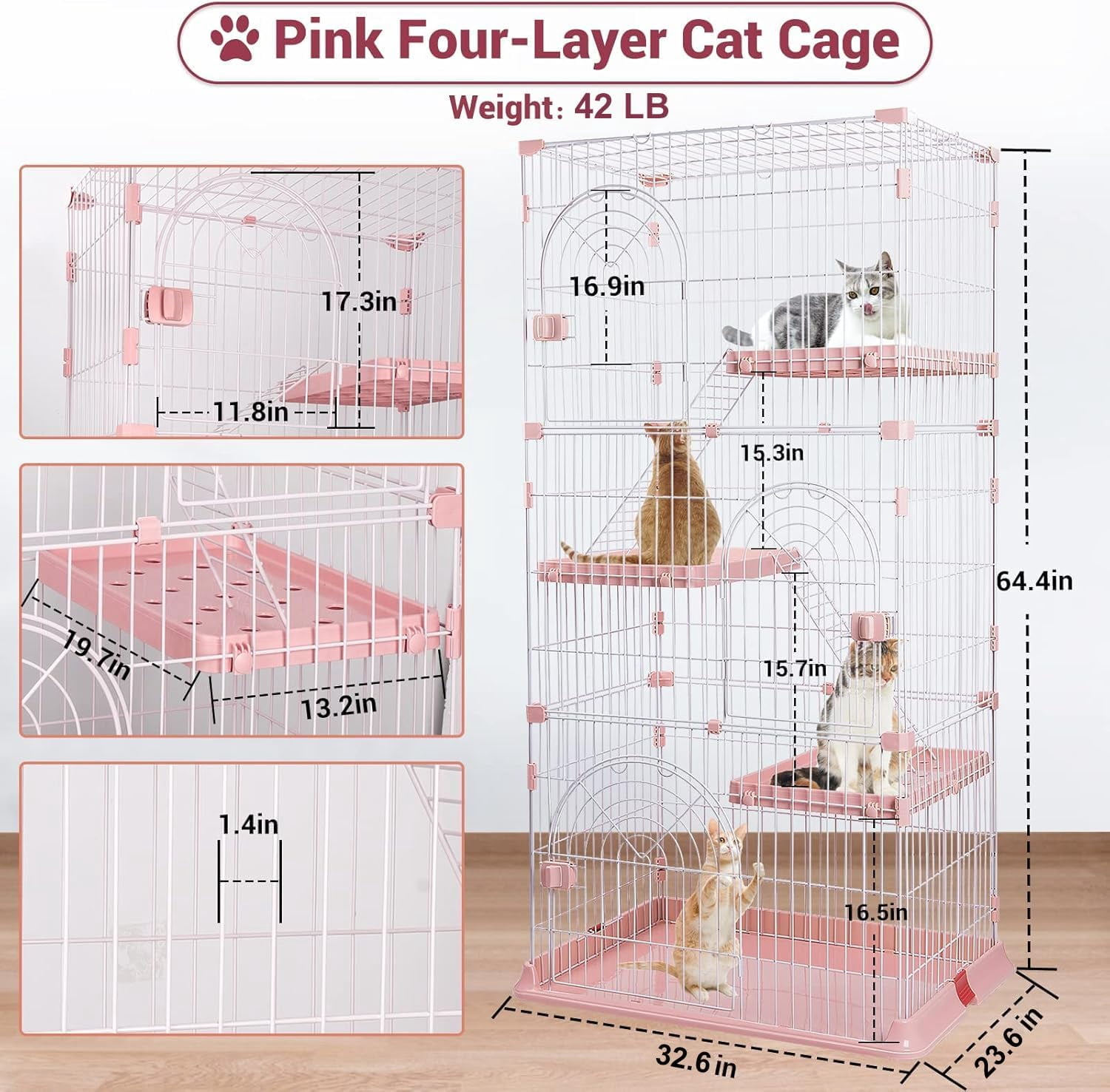 4-Tier Wire Cat Cage Playpen Kennel, 64 Inch Cat Catios Large Space for 1-3 Cats, Pink Cat Crate with 3 Platforms 3 Front Doors 2 Ramp Ladders