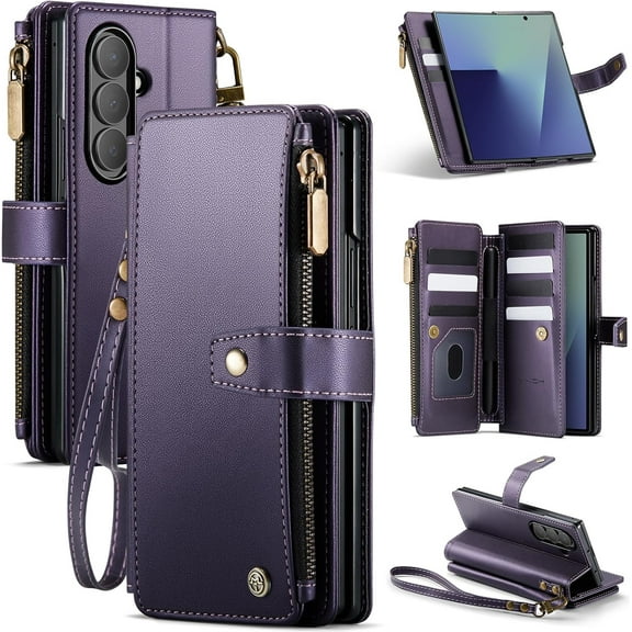 for Samsung Galaxy Z Fold 7 Wallet Case with Card Holder, Detachable Strap RFID Blocking Credit Slots Kickstand Shockproof Phone Cover for Women Men, Purple