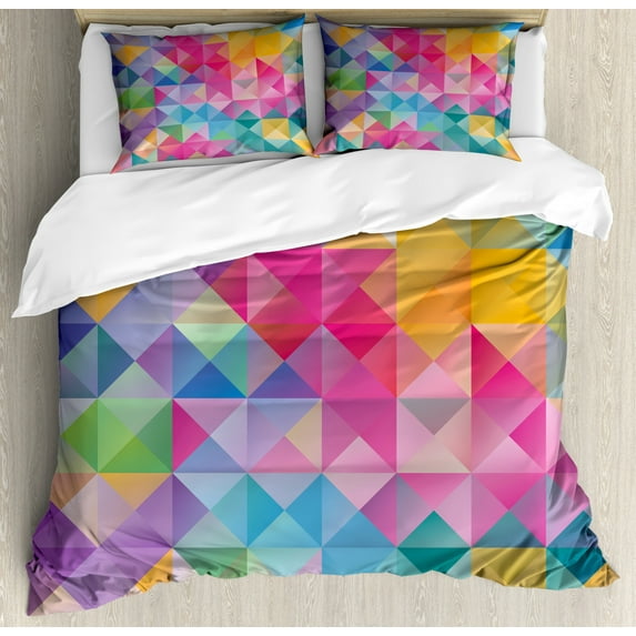 Geometric Duvet Cover Set King Size, Abstract Blurry Image of Squares Lines Ombre Like Mosaic Honeycomb Grid Art Print, Decorative 3 Piece Bedding Set with 2 Pillow Shams, Multicolor, by Ambesonne