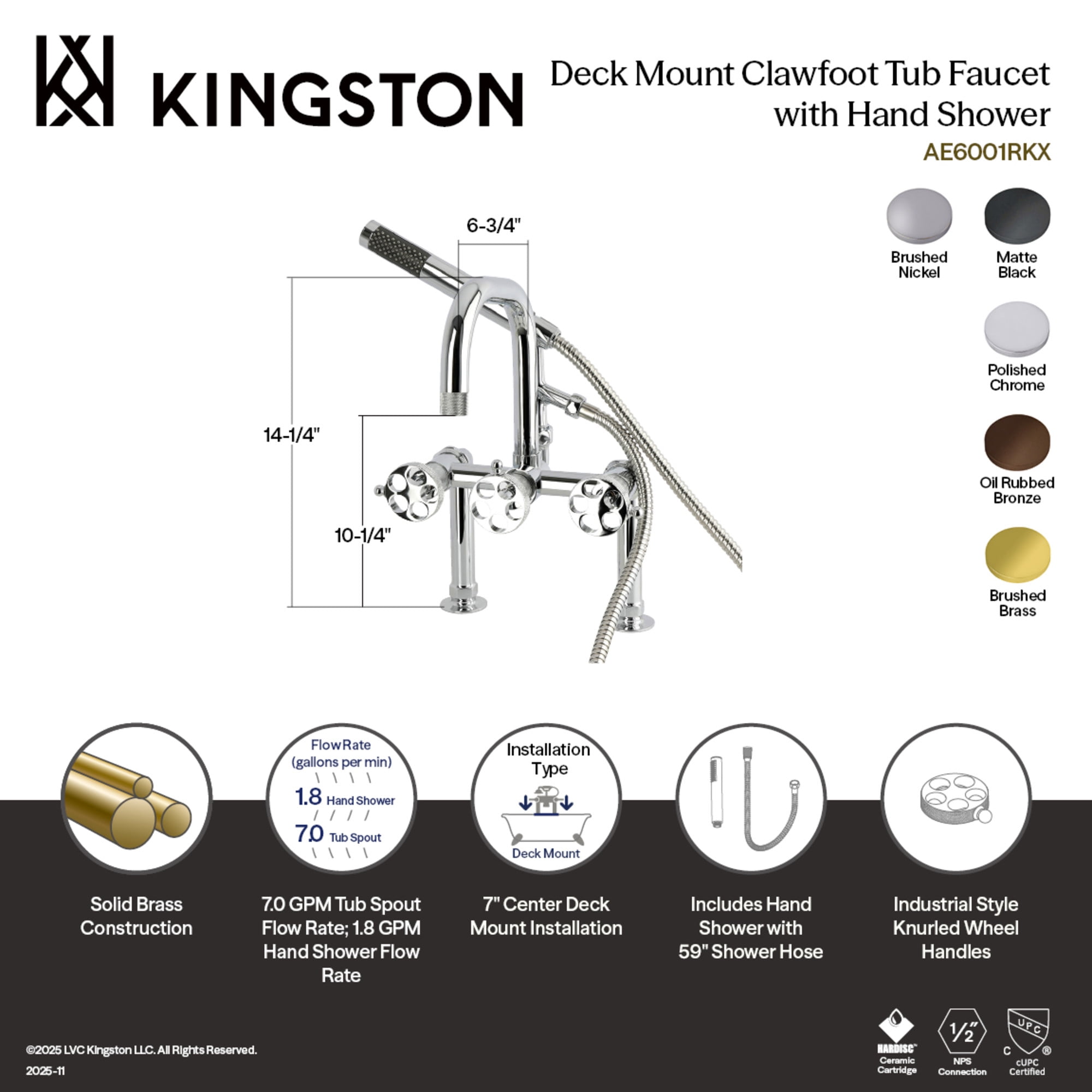 Kingston Brass AE6005RKX Webb 7" Center Deck-Mount Clawfoot Tub Faucet with Knurled Handle and Hand Shower, Oil Rubbed Bronze