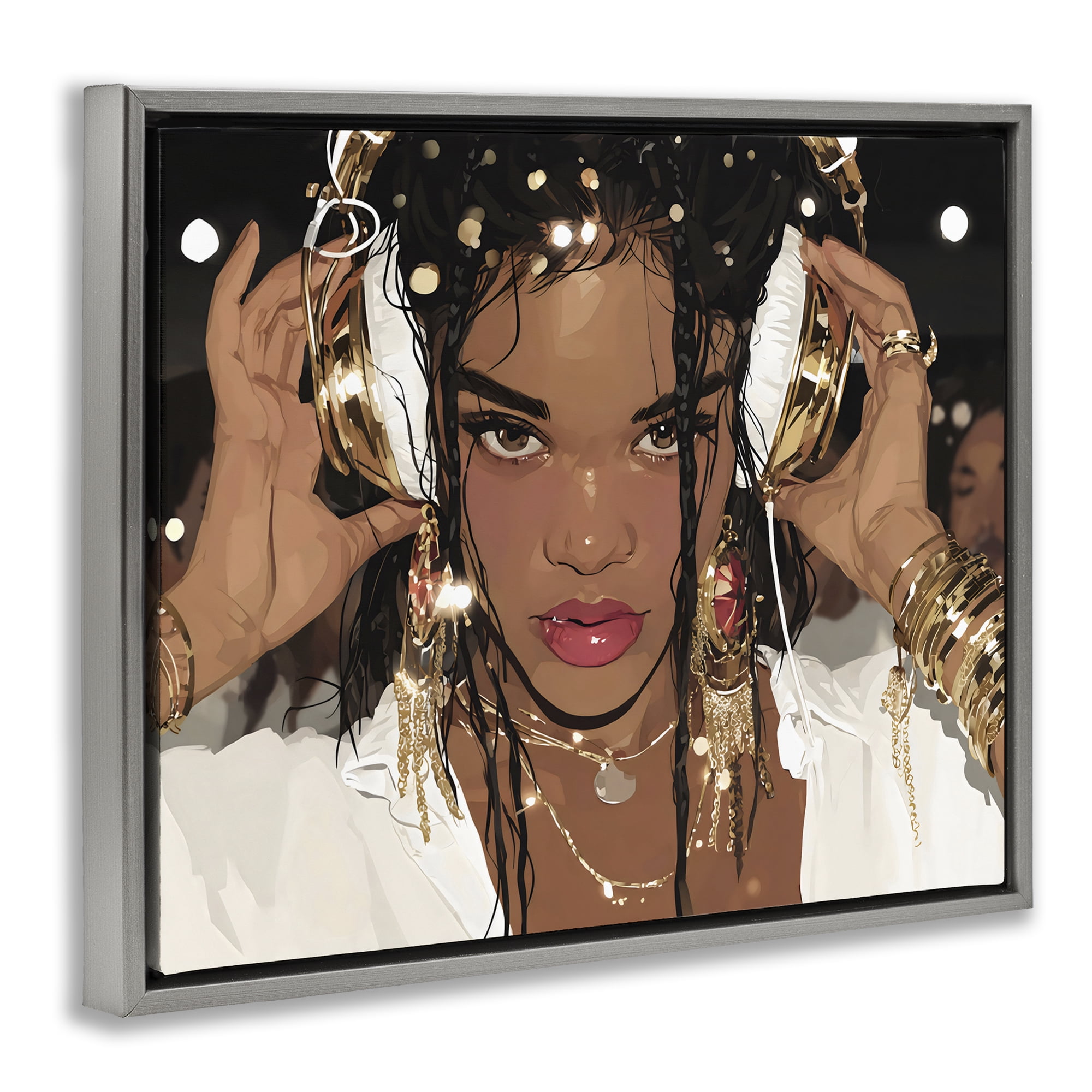 Stupell Industries Gold Headphones Glam Female Gray Framed Floater Canvas Wall Art, design by Franklyn Gregory